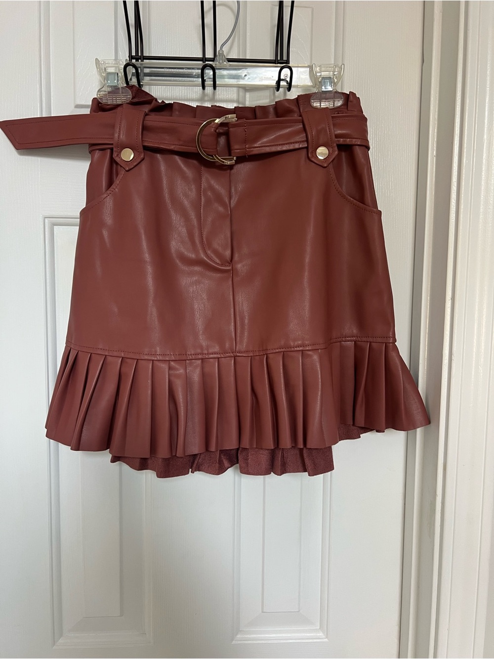 Zara Rust Faux Leather Ruffle-Hem Mini Skirt with Belt